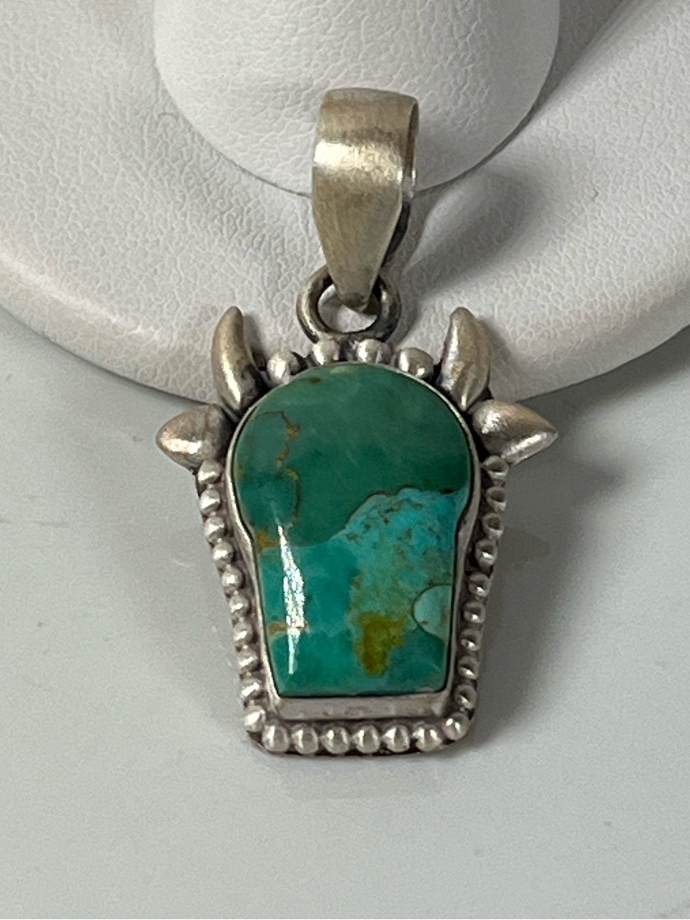 Solid Sterling Silver Mohave Turquoise Gemstone Cow Steer Pendant